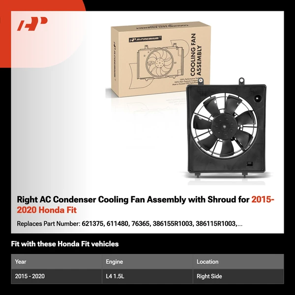 Right AC Condenser Cooling Fan Assembly with Shroud for 2015-2020 Honda Fit