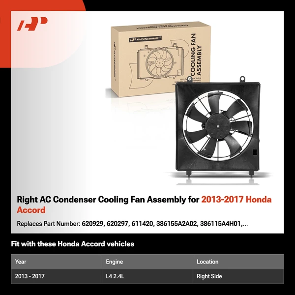 Right AC Condenser Cooling Fan Assembly for 2013-2017 Honda Accord