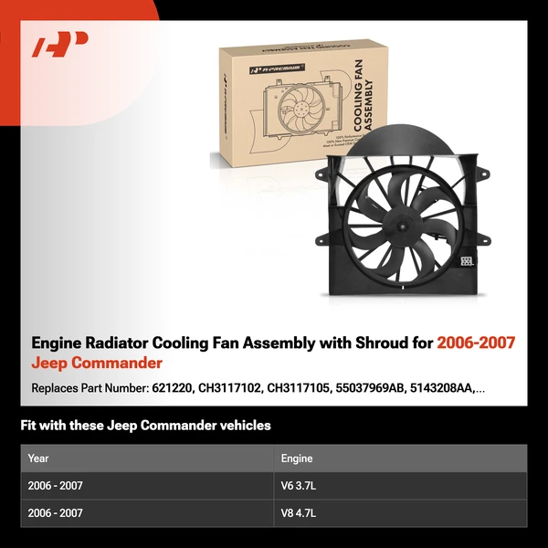 Engine Radiator Cooling Fan Assembly with Shroud for 2006-2007 Jeep Commander