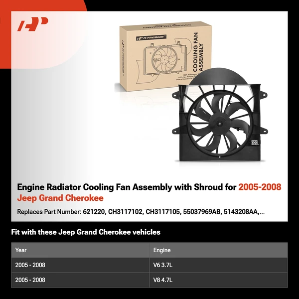 Engine Radiator Cooling Fan Assembly with Shroud for 2005-2008 Jeep Grand Cherokee