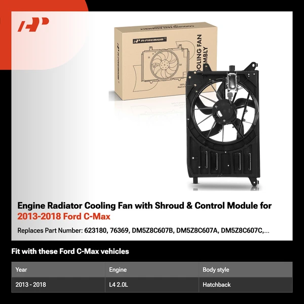 Engine Radiator Cooling Fan with Shroud & Control Module for 2013-2018 Ford C-Max