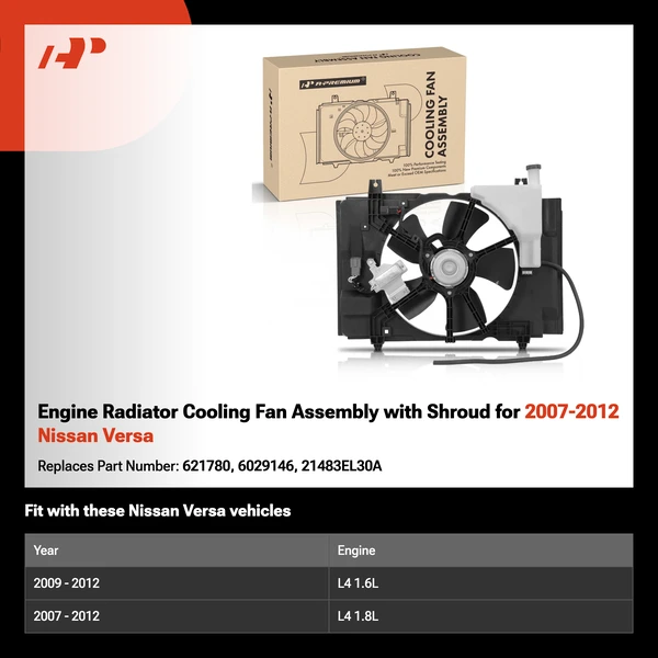Engine Radiator Cooling Fan Assembly with Shroud for 2007-2012 Nissan Versa