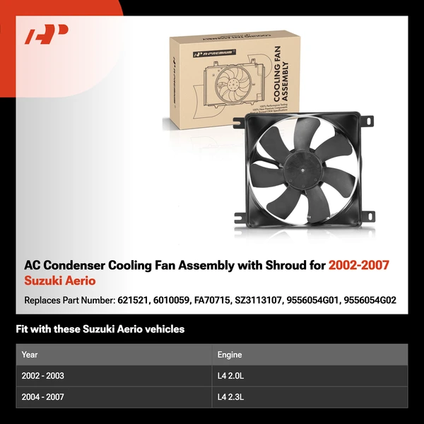 AC Condenser Cooling Fan Assembly with Shroud for 2002-2007 Suzuki Aerio