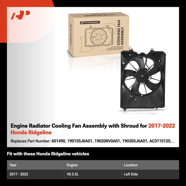 Engine Radiator Cooling Fan Assembly with Shroud for 2017-2022 Honda Ridgeline