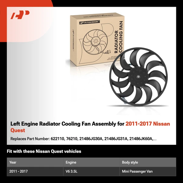 Left Engine Radiator Cooling Fan Assembly for 2011-2017 Nissan Quest