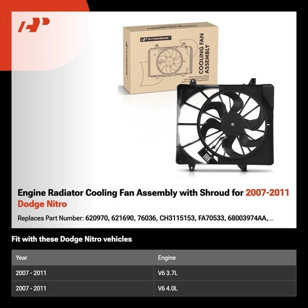 Engine Radiator Cooling Fan Assembly with Shroud for 2007-2011 Dodge Nitro