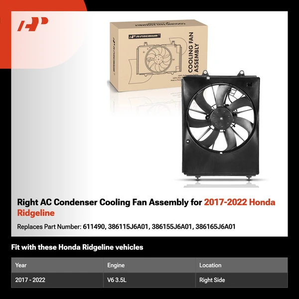 Right AC Condenser Cooling Fan Assembly for 2017-2022 Honda Ridgeline