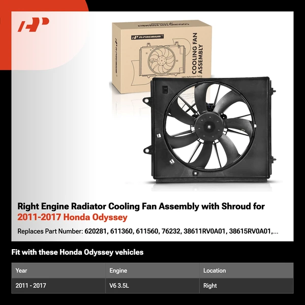 Right Engine Radiator Cooling Fan Assembly with Shroud for 2011-2017 Honda Odyssey