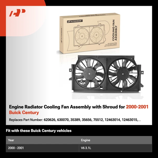 Engine Radiator Cooling Fan Assembly with Shroud for 2000-2001 Buick Century