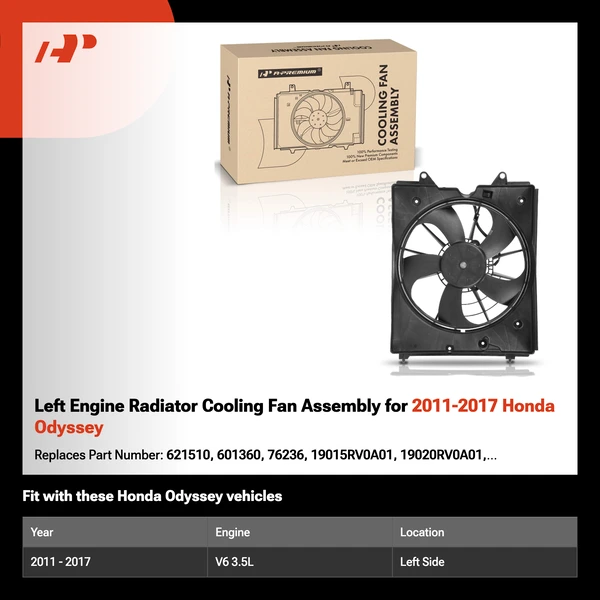 Left Engine Radiator Cooling Fan Assembly for 2011-2017 Honda Odyssey