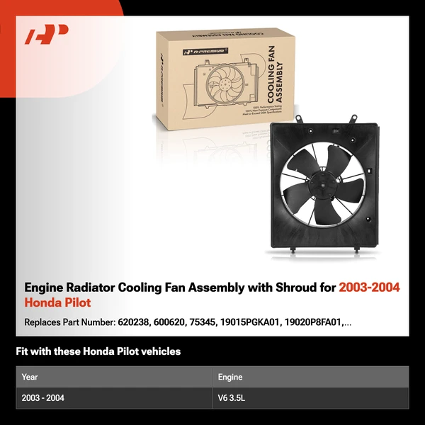 Engine Radiator Cooling Fan Assembly with Shroud for 2003-2004 Honda Pilot