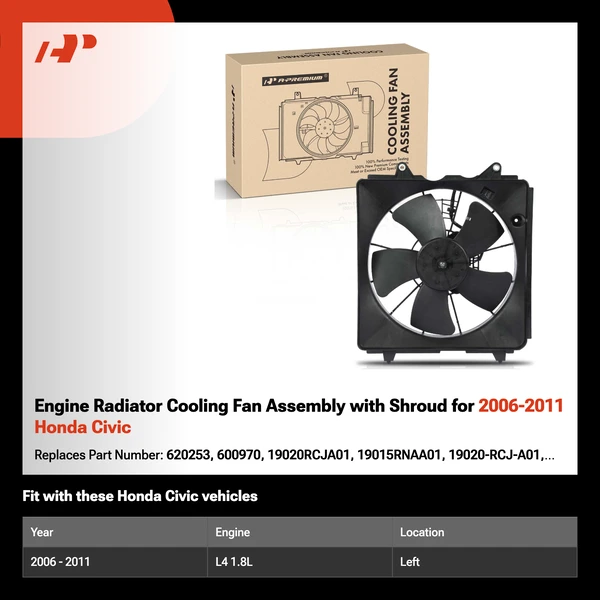 Engine Radiator Cooling Fan Assembly with Shroud for 2006-2011 Honda Civic