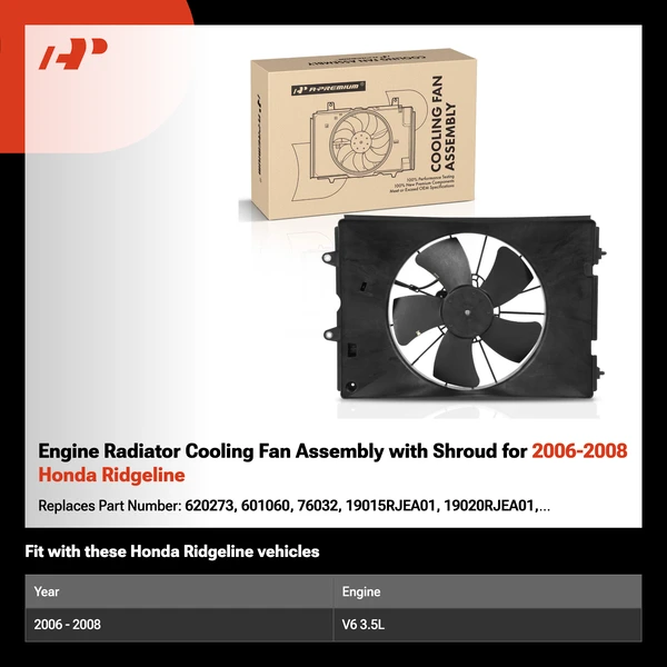 Engine Radiator Cooling Fan Assembly with Shroud for 2006-2008 Honda Ridgeline