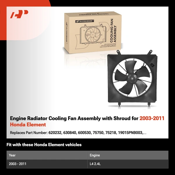 Engine Radiator Cooling Fan Assembly with Shroud for 2003-2011 Honda Element