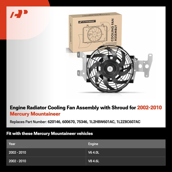 Engine Radiator Cooling Fan Assembly with Shroud for 2002-2010 Mercury Mountaineer