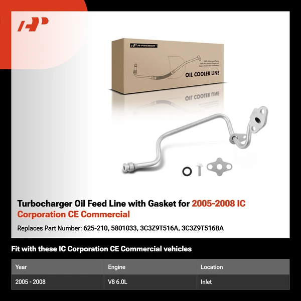 Turbocharger Oil Feed Line with Gasket for 2005-2008 IC Corporation CE Commercial