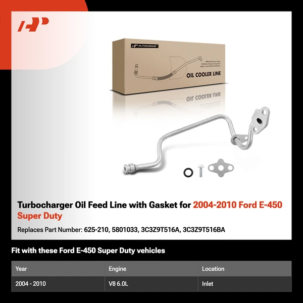 Turbocharger Oil Feed Line with Gasket for 2004-2010 Ford E-450 Super Duty