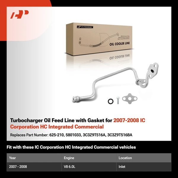 Turbocharger Oil Feed Line with Gasket for 2007-2008 IC Corporation HC Integrated Commercial