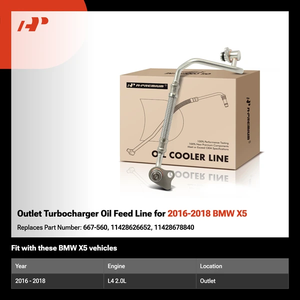 Outlet Turbocharger Oil Feed Line for 2016-2018 BMW X5