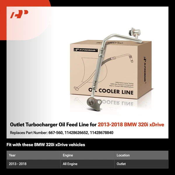 Outlet Turbocharger Oil Feed Line for 2013-2018 BMW 320i xDrive