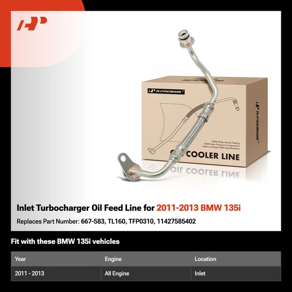 Inlet Turbocharger Oil Feed Line for 2011-2013 BMW 135i