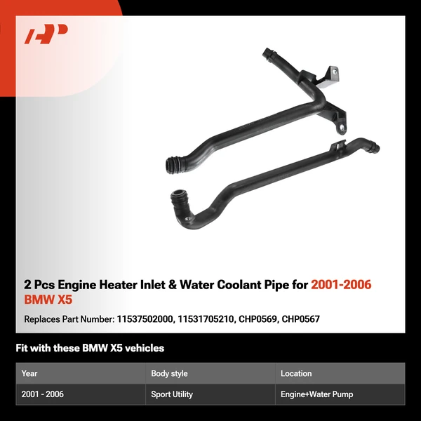 2 Pcs Engine Heater Inlet & Water Coolant Pipe for 2001-2006 BMW X5
