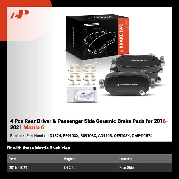 4 Pcs Rear Driver & Passenger Side Ceramic Brake Pads for 2016-2021 Mazda 6