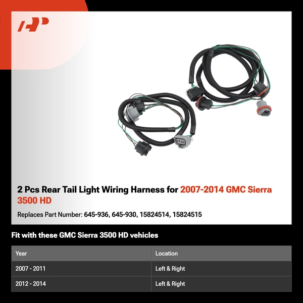 2 Pcs Rear Tail Light Wiring Harness for 2007-2014 GMC Sierra 3500 HD