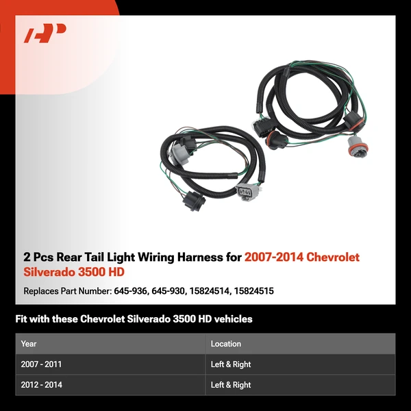2 Pcs Rear Tail Light Wiring Harness for 2007-2014 Chevrolet Silverado 3500 HD