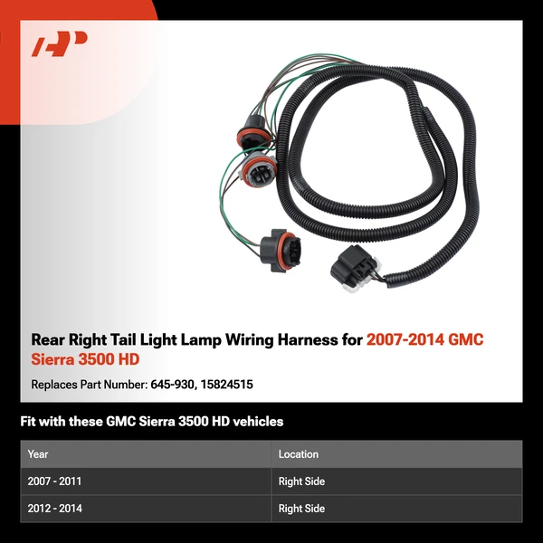 Rear Right Tail Light Lamp Wiring Harness for 2007-2014 GMC Sierra 3500 HD