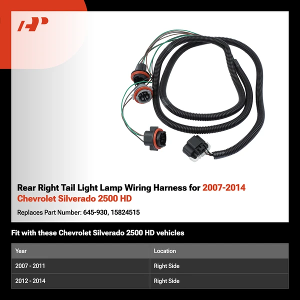 Rear Right Tail Light Lamp Wiring Harness for 2007-2014 Chevrolet Silverado 2500 HD