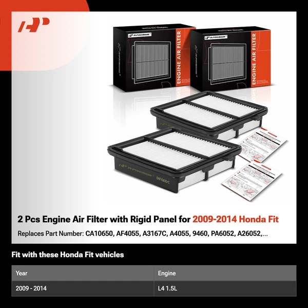 2 Pcs Engine Air Filter with Rigid Panel for 2009-2014 Honda Fit