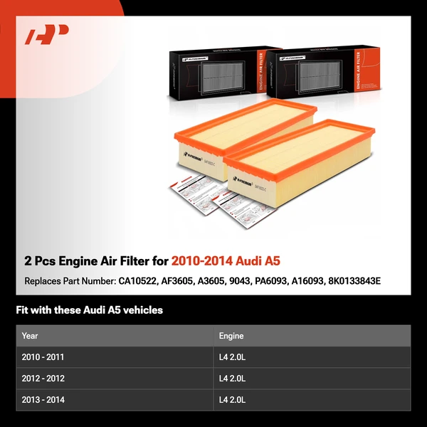 2 Pcs Engine Air Filter for 2010-2014 Audi A5