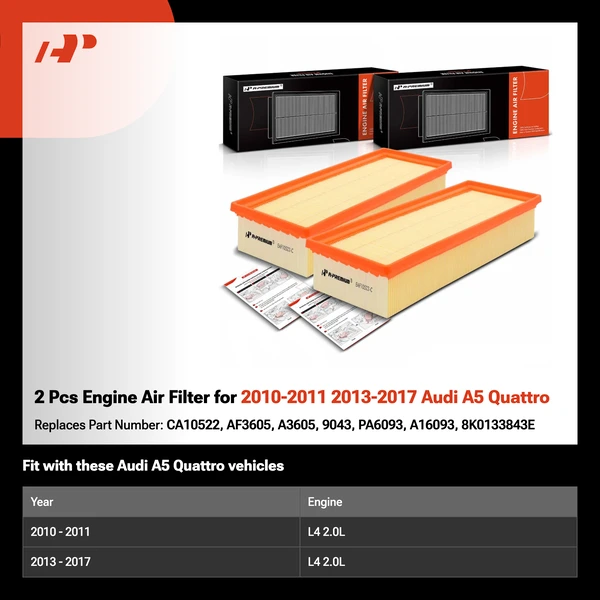 2 Pcs Engine Air Filter for 2010-2011 2013-2017 Audi A5 Quattro