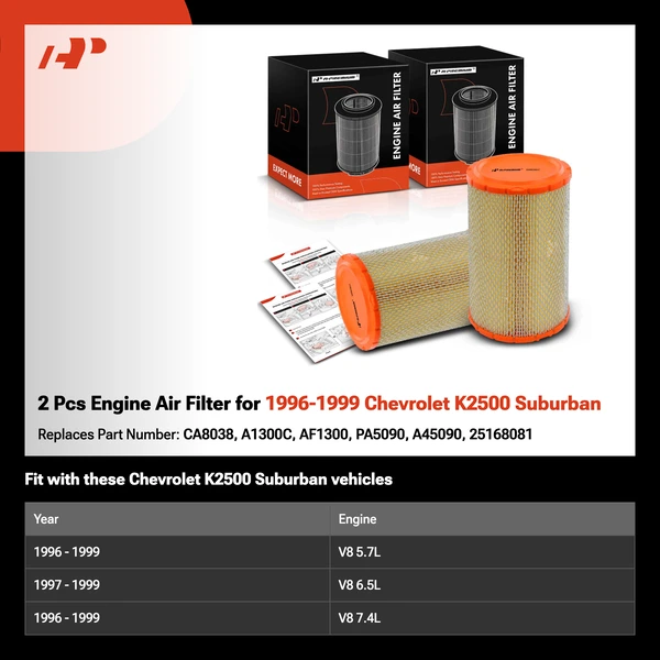 2 Pcs Engine Air Filter for 1996-1999 Chevrolet K2500 Suburban