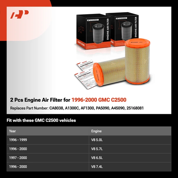 2 Pcs Engine Air Filter for 1996-2000 GMC C2500