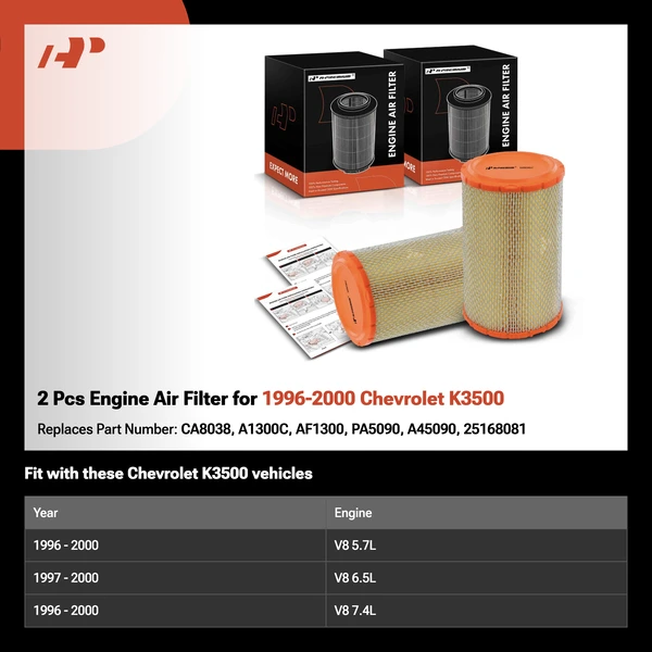 2 Pcs Engine Air Filter for 1996-2000 Chevrolet K3500