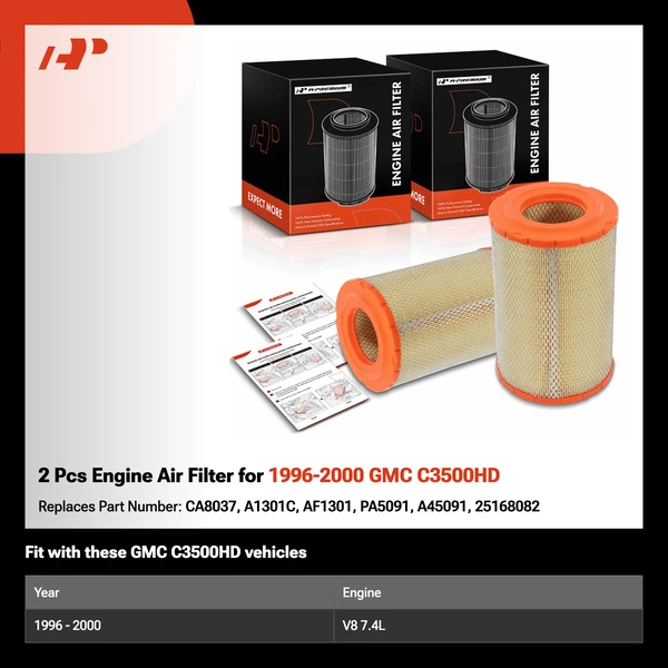 2 Pcs Engine Air Filter for 1996-2000 GMC C3500HD