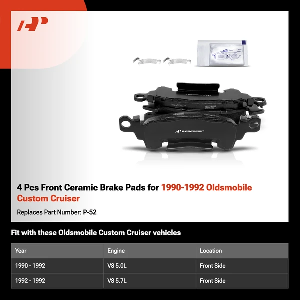 4 Pcs Front Ceramic Brake Pads for 1990-1992 Oldsmobile Custom Cruiser