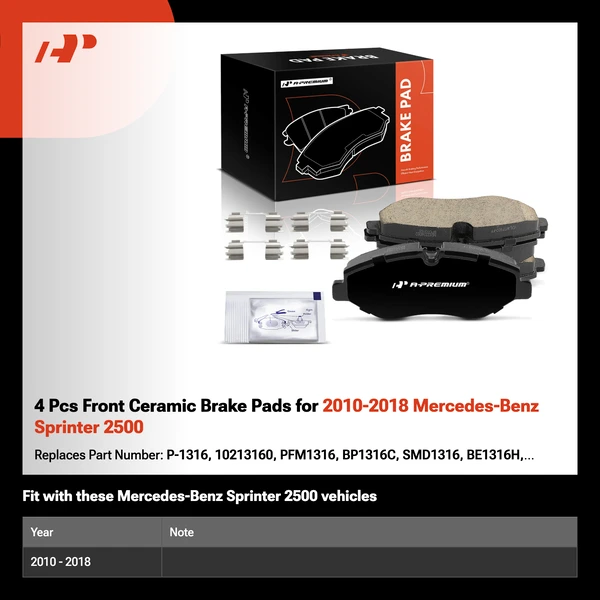 4 Pcs Front Ceramic Brake Pads for 2010-2018 Mercedes-Benz Sprinter 2500