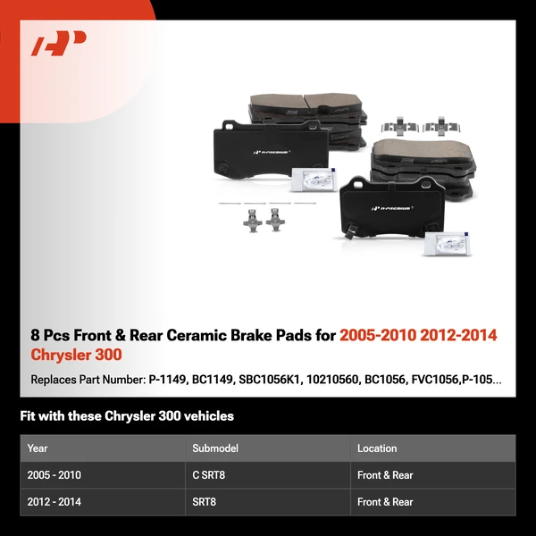 8 Pcs Front & Rear Ceramic Brake Pads for 2005-2010 2012-2014 Chrysler 300