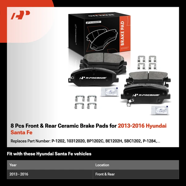 8 Pcs Front & Rear Ceramic Brake Pads for 2013-2016 Hyundai Santa Fe