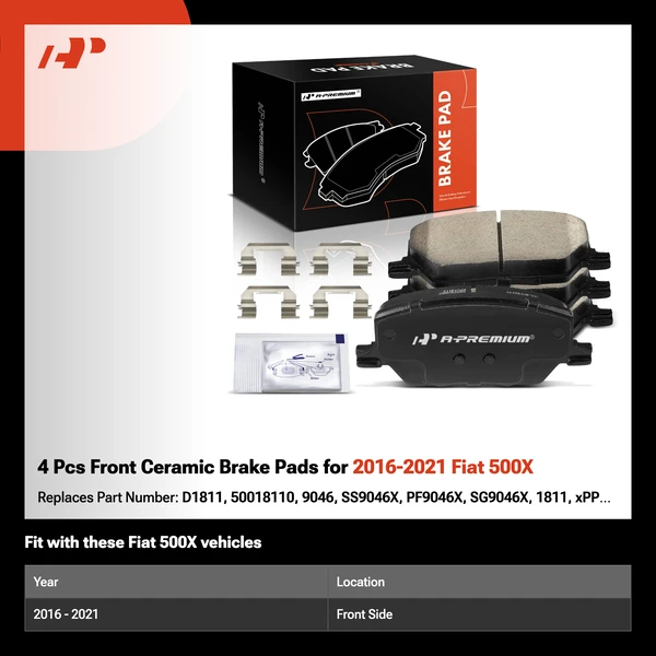 4 Pcs Front Ceramic Brake Pads for 2016-2021 Fiat 500X