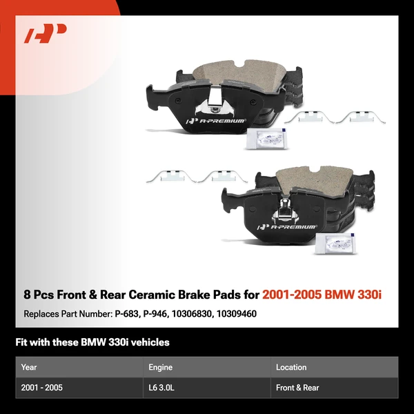 8 Pcs Front & Rear Ceramic Brake Pads for 2001-2005 BMW 330i