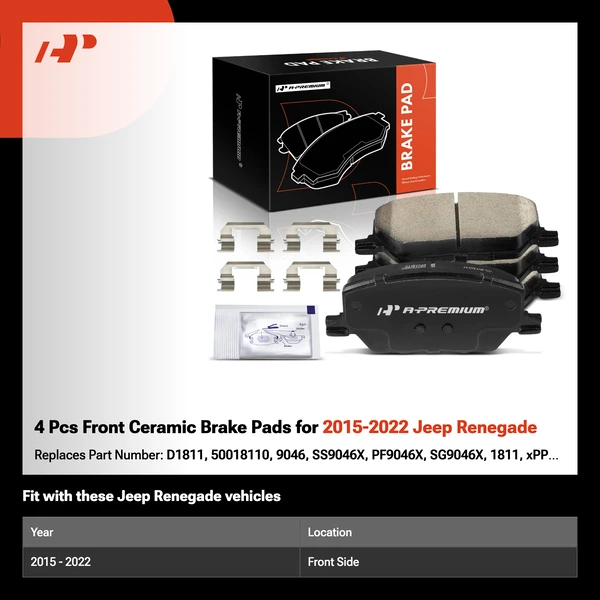 4 Pcs Front Ceramic Brake Pads for 2015-2022 Jeep Renegade