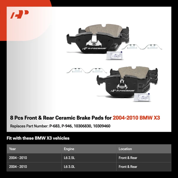 8 Pcs Front & Rear Ceramic Brake Pads for 2004-2010 BMW X3