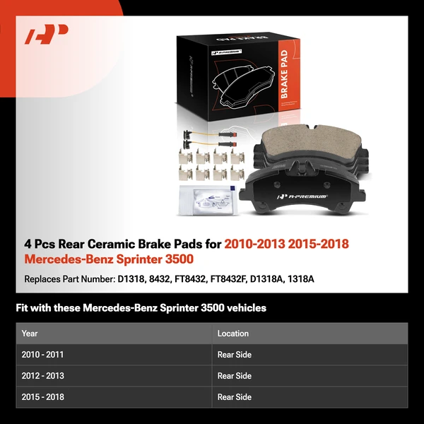 4 Pcs Rear Ceramic Brake Pads for 2010-2013 2015-2018 Mercedes-Benz Sprinter 3500