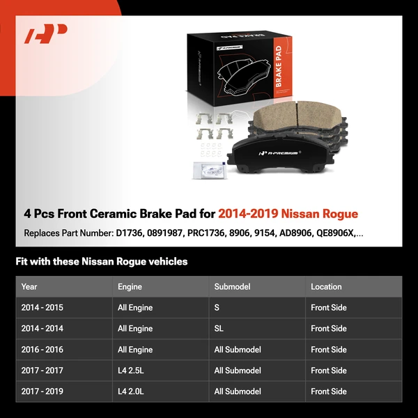 4 Pcs Front Ceramic Brake Pad for 2014-2019 Nissan Rogue
