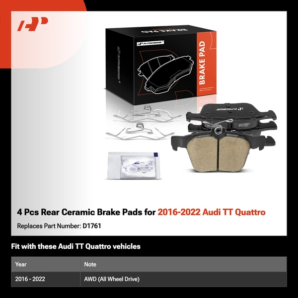 4 Pcs Rear Ceramic Brake Pads for 2016-2022 Audi TT Quattro