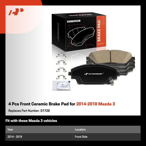 4 Pcs Front Ceramic Brake Pad for 2014-2018 Mazda 3